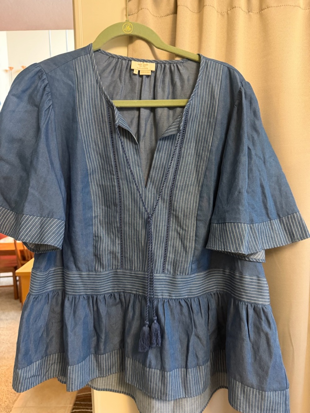 Blue Tiered Peasant Blouse with Tassel Tie